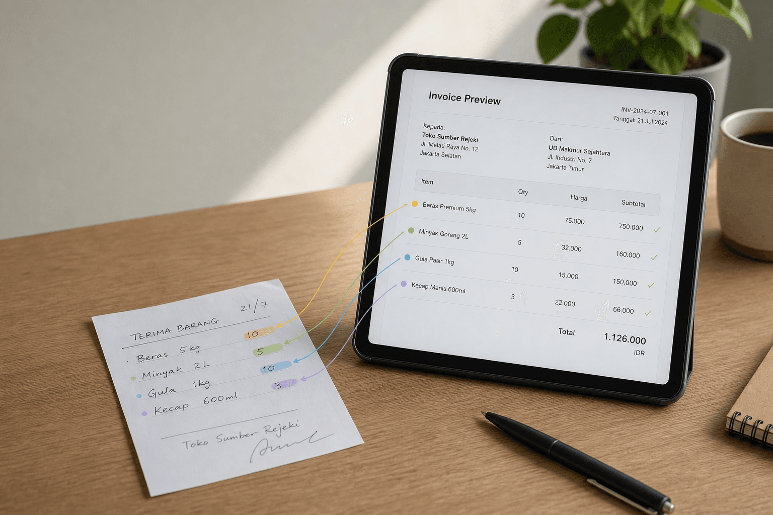 A handwritten delivery note beside a Paper Pilot invoice review